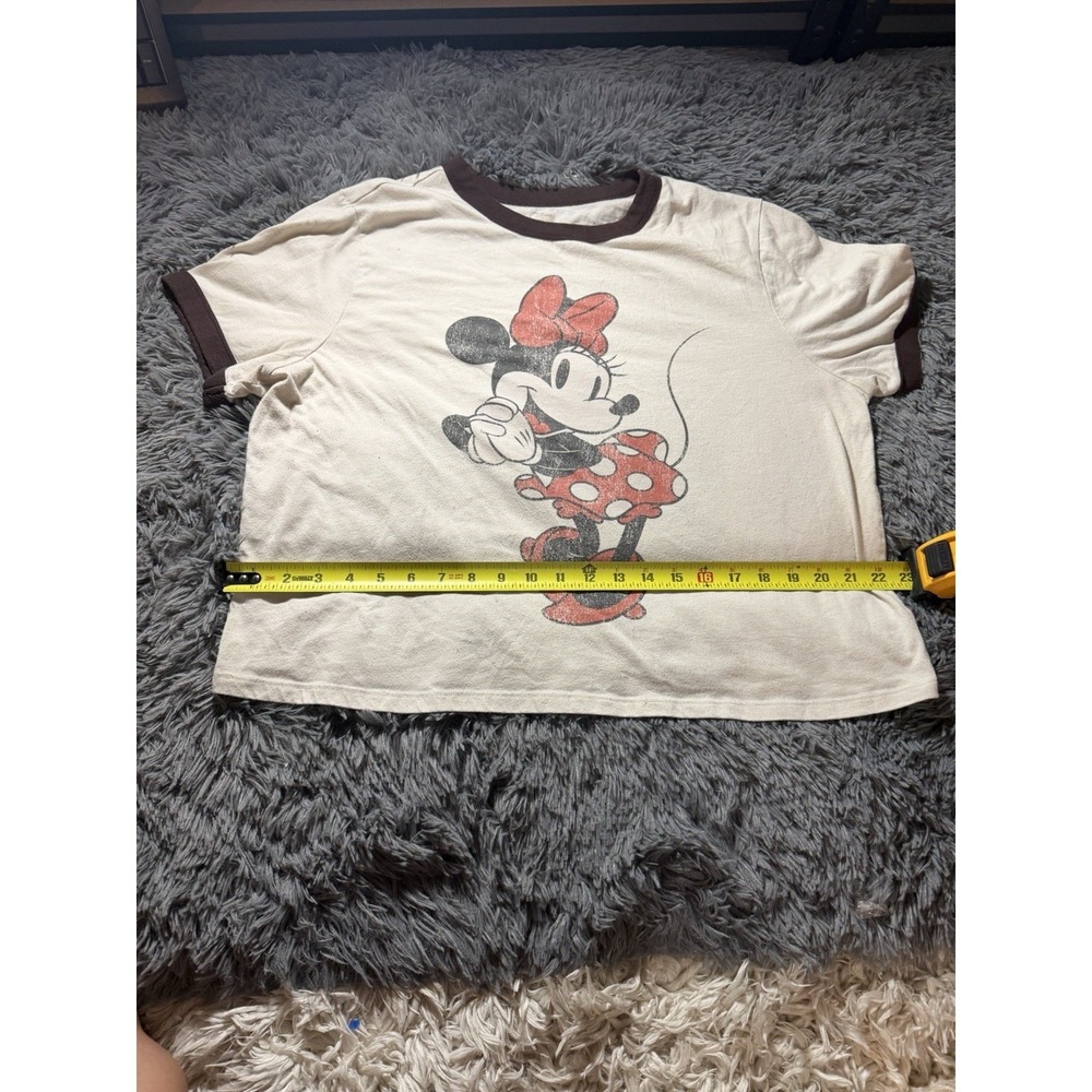 Disney Minnie Mouse Ringer T-Shirt Cream Brown Distressed Graphic Crop Top - Picture 6 of 6